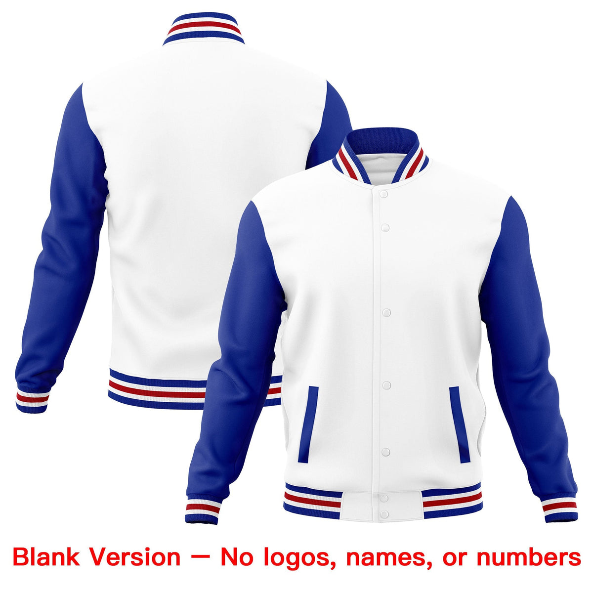 Custom White Red Royal Blue Raglan Sleeves Full-Snap Letterman Cotton Fabric Jacket| KXKSHOP
