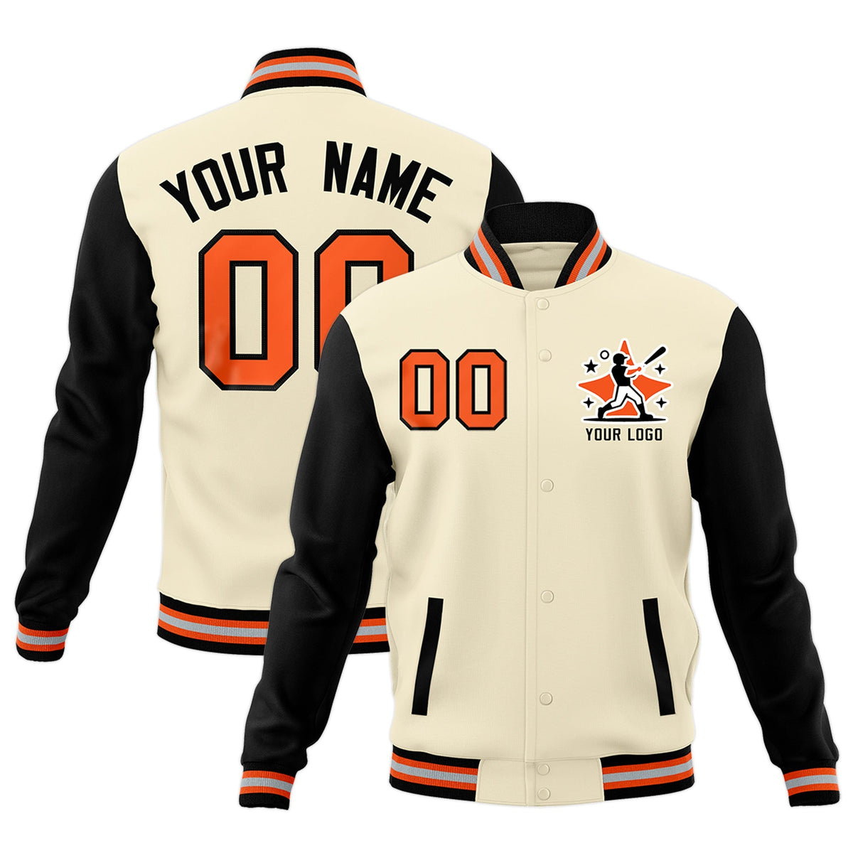 Custom Cream Black Orange Raglan Sleeves Full-Snap Letterman Cotton Fabric Jacket| KXKSHOP