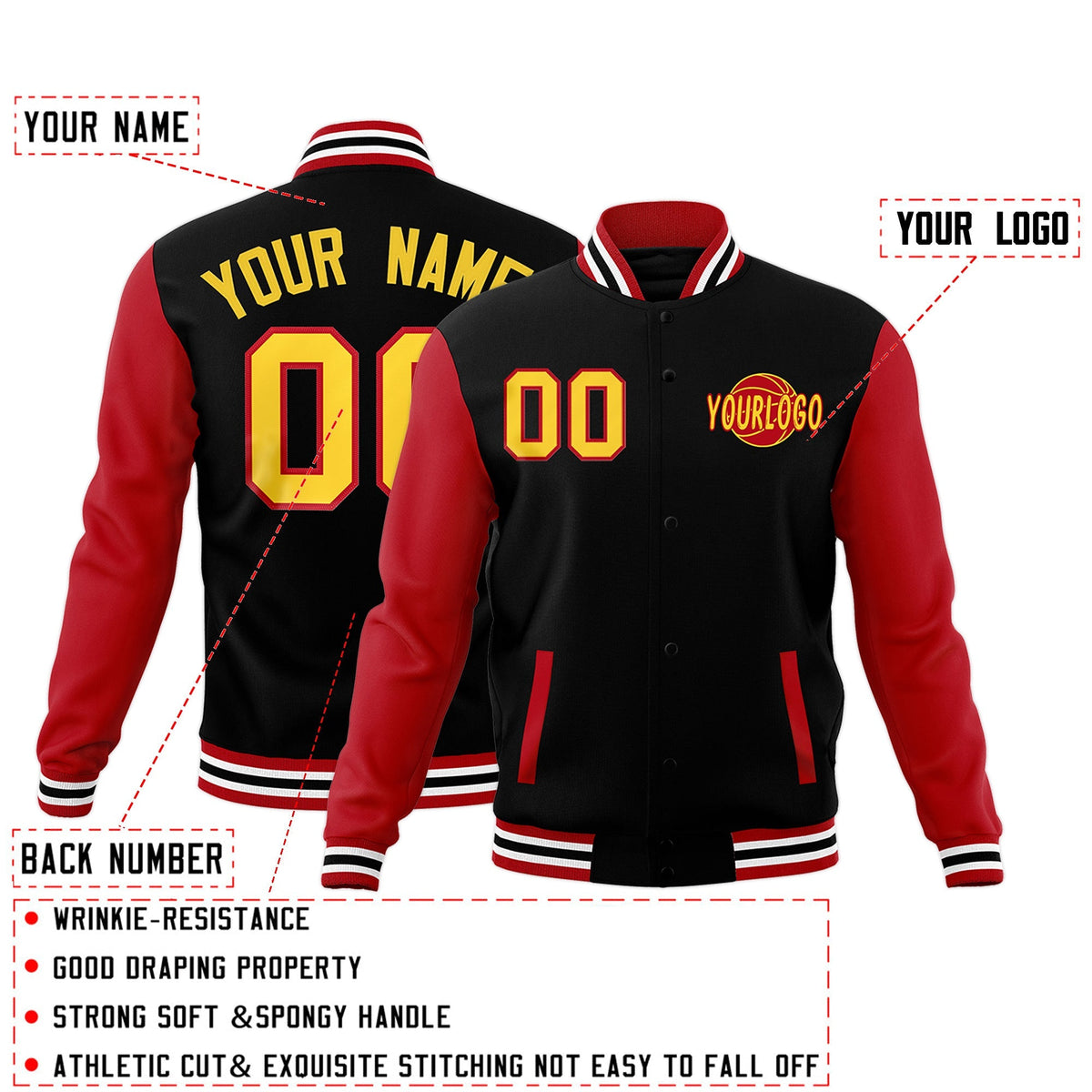 Custom Black Red White Raglan Sleeves Classic Style Letterman Cotton Fabric Jacket| KXKSHOP