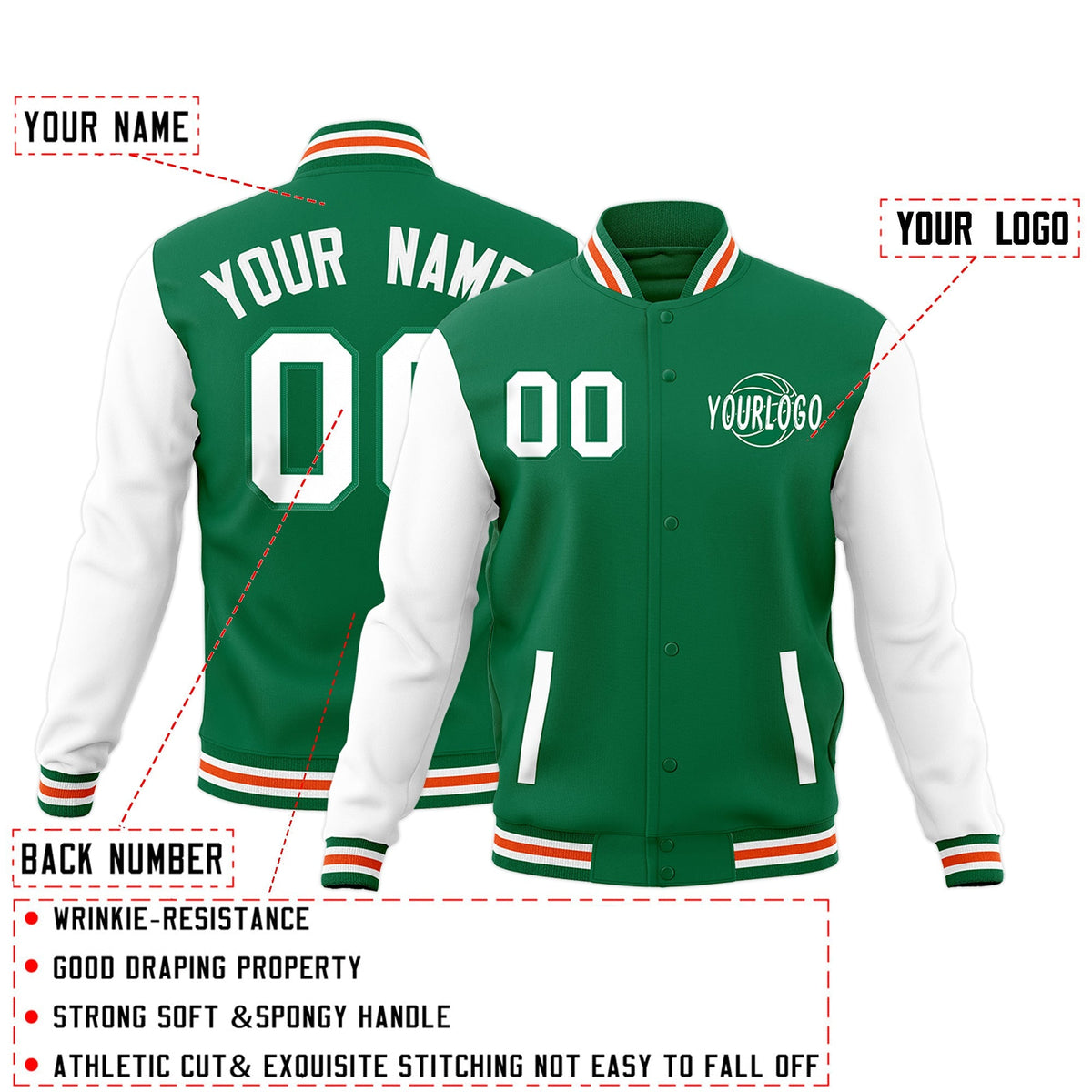 Custom Kelly Green White Orange Raglan Sleeves Classic Style Letterman Cotton Fabric Jacket| KXKSHOP