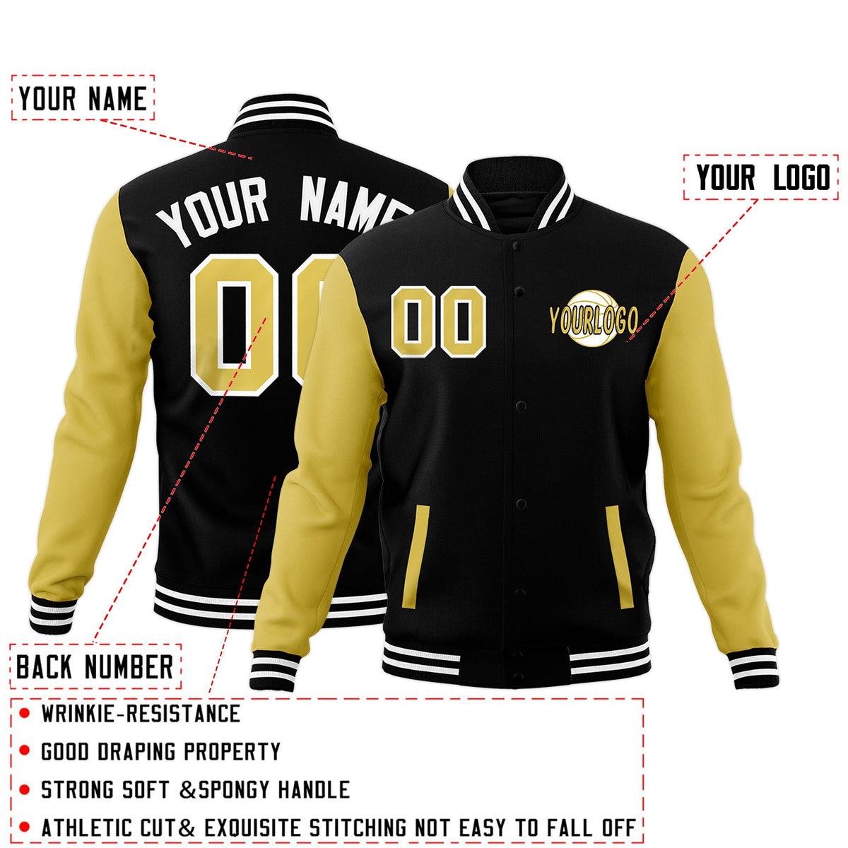 Custom Black Old Gold White Raglan Sleeves Classic Style Letterman Cotton Fabric Jacket| KXKSHOP
