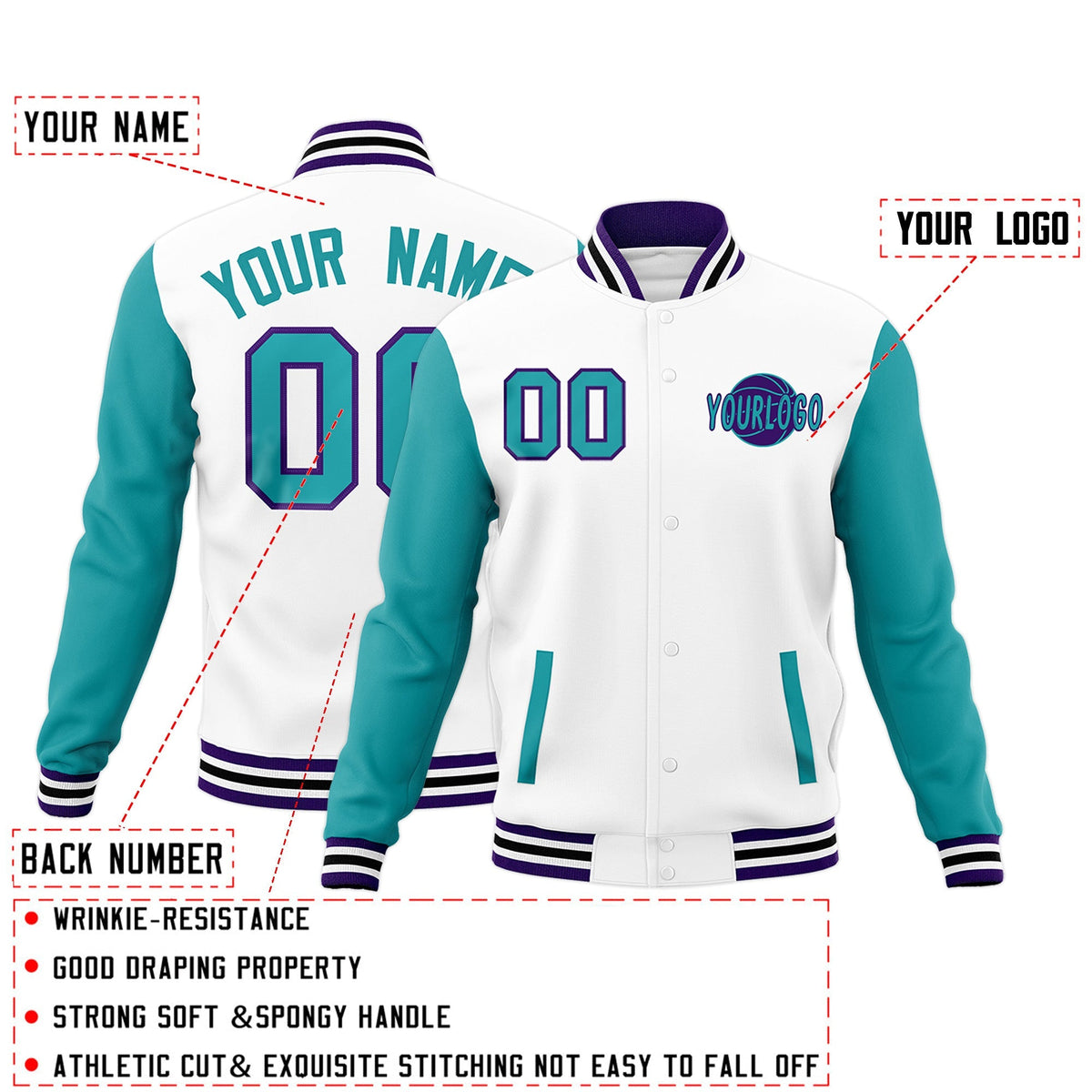 Custom White Aqua Purple Raglan Sleeves Classic Style Letterman Cotton Fabric Jacket| KXKSHOP