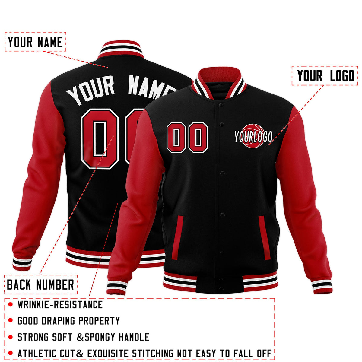 Custom Red Black Raglan Sleeves Classic Style Letterman Cotton Fabric Jacket| KXKSHOP
