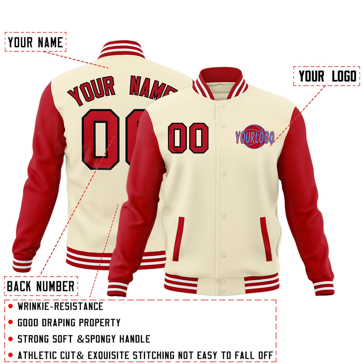 Custom Cream Red White Raglan Sleeves Classic Style Letterman Cotton Fabric Jacket| KXKSHOP