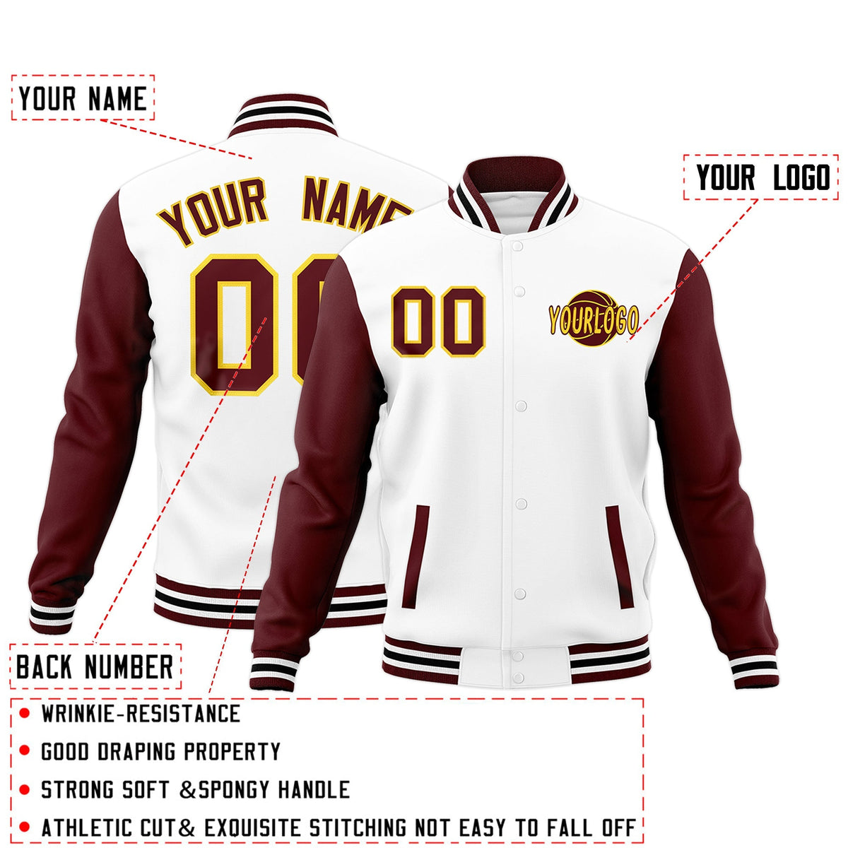 Custom White Crimson Black Raglan Sleeves Classic Style Letterman Cotton Fabric Jacket| KXKSHOP