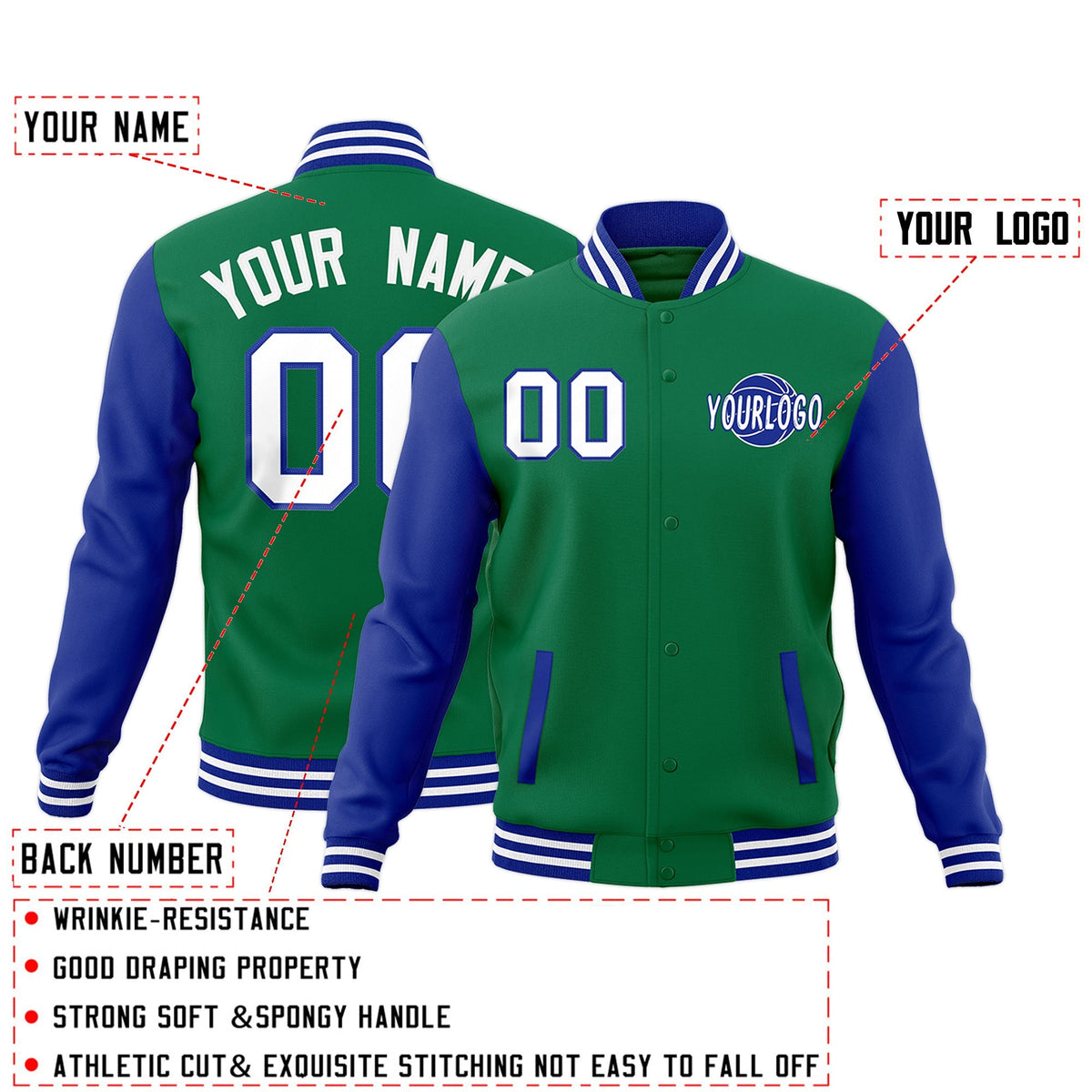 Custom Kelly Green Royal Blue White Raglan Sleeves Classic Style Letterman Cotton Fabric Jacket| KXKSHOP