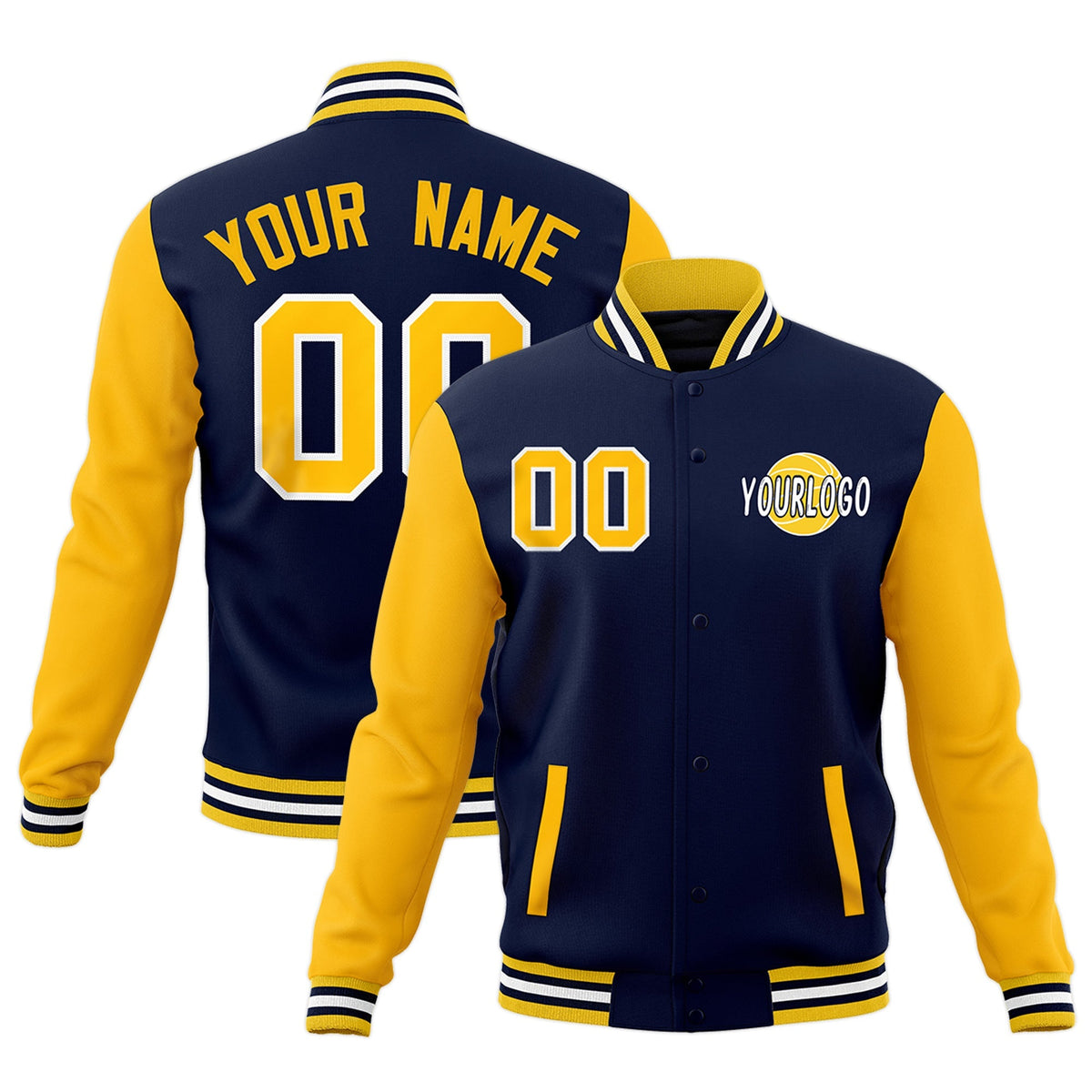 Custom Navy Gold White Raglan Sleeves Classic Style Letterman Cotton Fabric Jacket| KXKSHOP