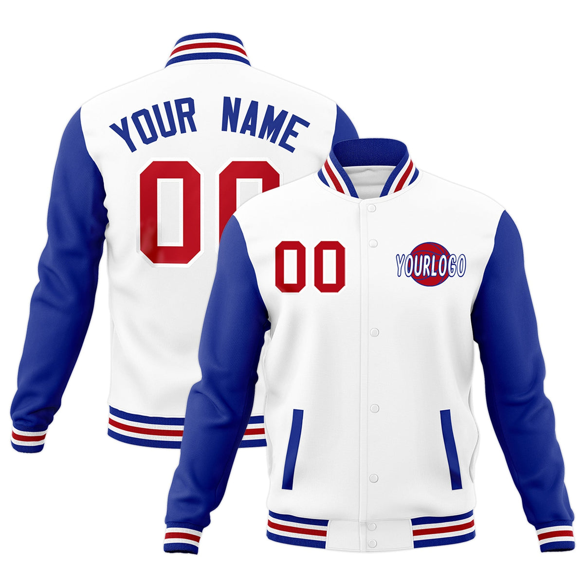 Custom White Royal Blue Red Raglan Sleeves Classic Style Letterman Cotton Fabric Jacket| KXKSHOP