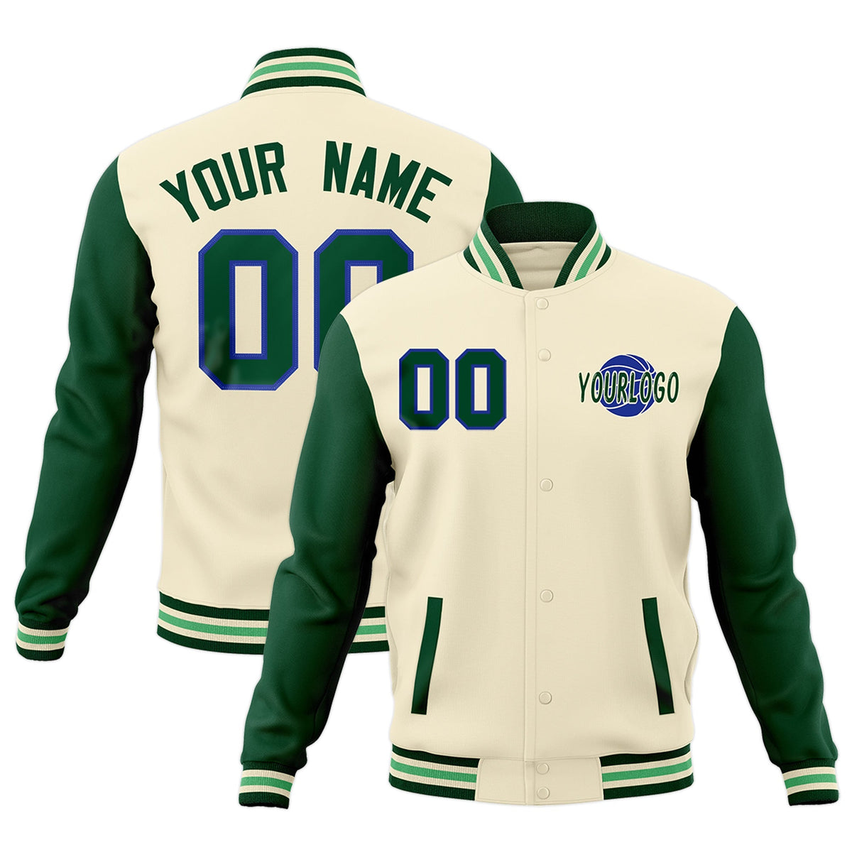 Custom Cream Green Raglan Sleeves Classic Style Letterman Cotton Fabric Jacket| KXKSHOP