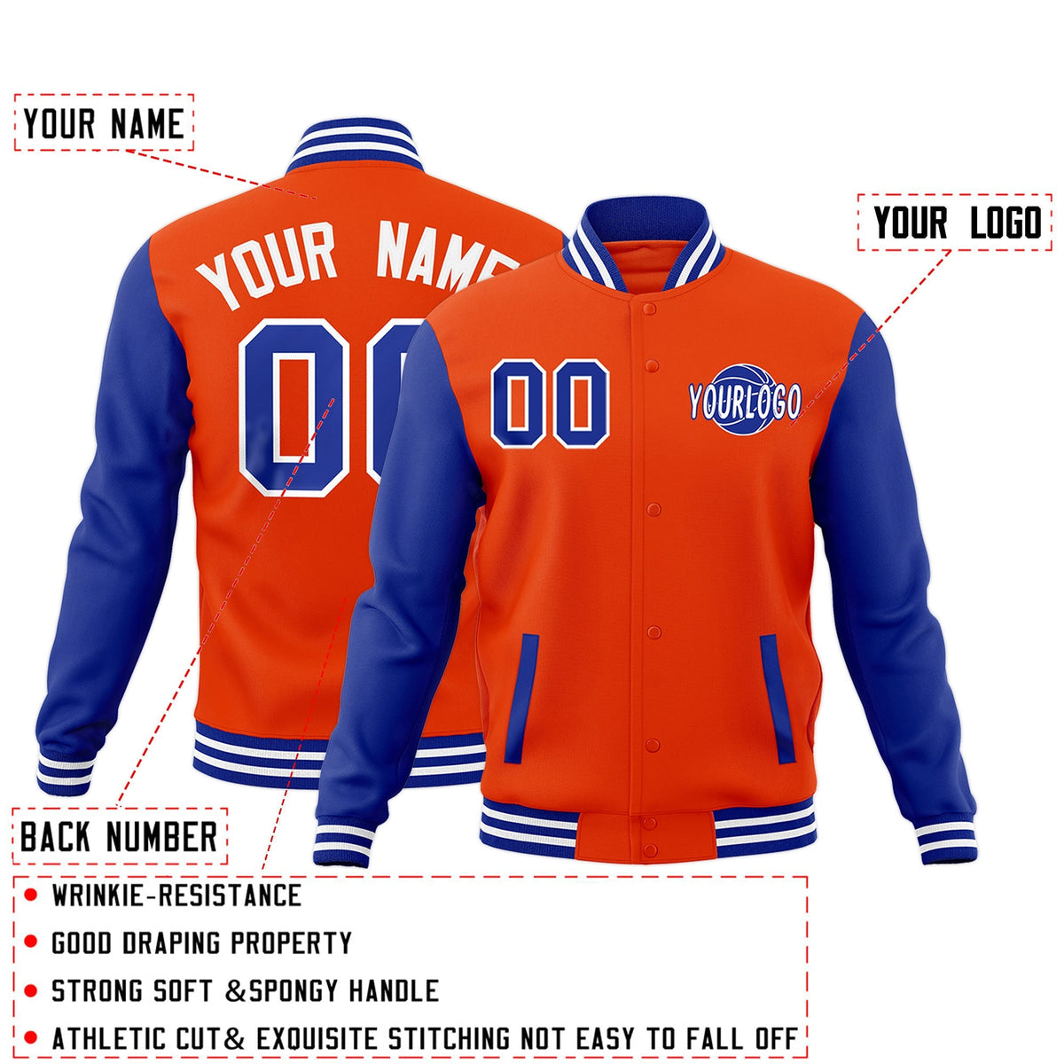 Custom Orange Royal Blue Raglan Sleeves Classic Style Letterman Cotton Fabric Jacket| KXKSHOP