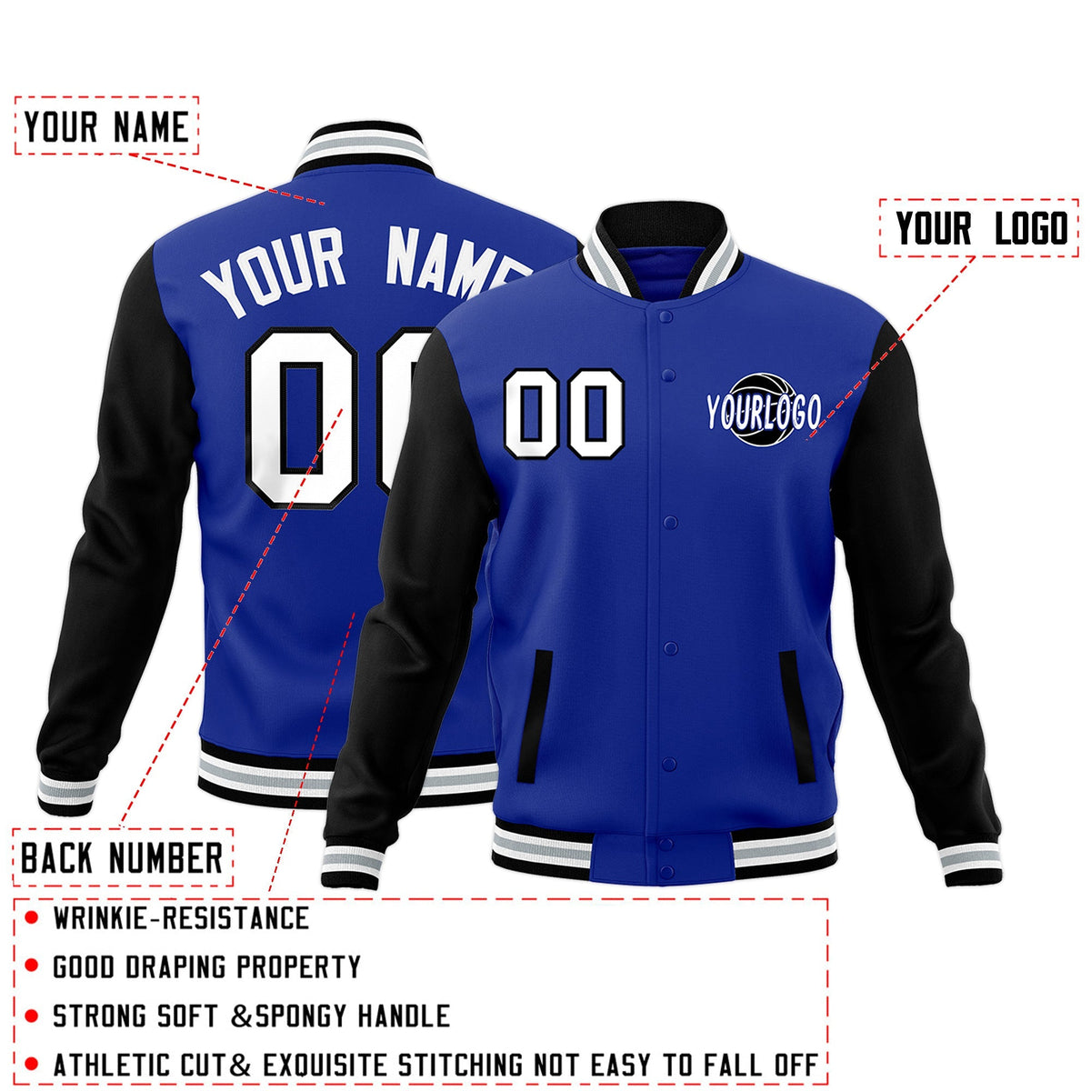 Custom Black Royal Blue Raglan Sleeves Classic Style Letterman Cotton Fabric Jacket| KXKSHOP