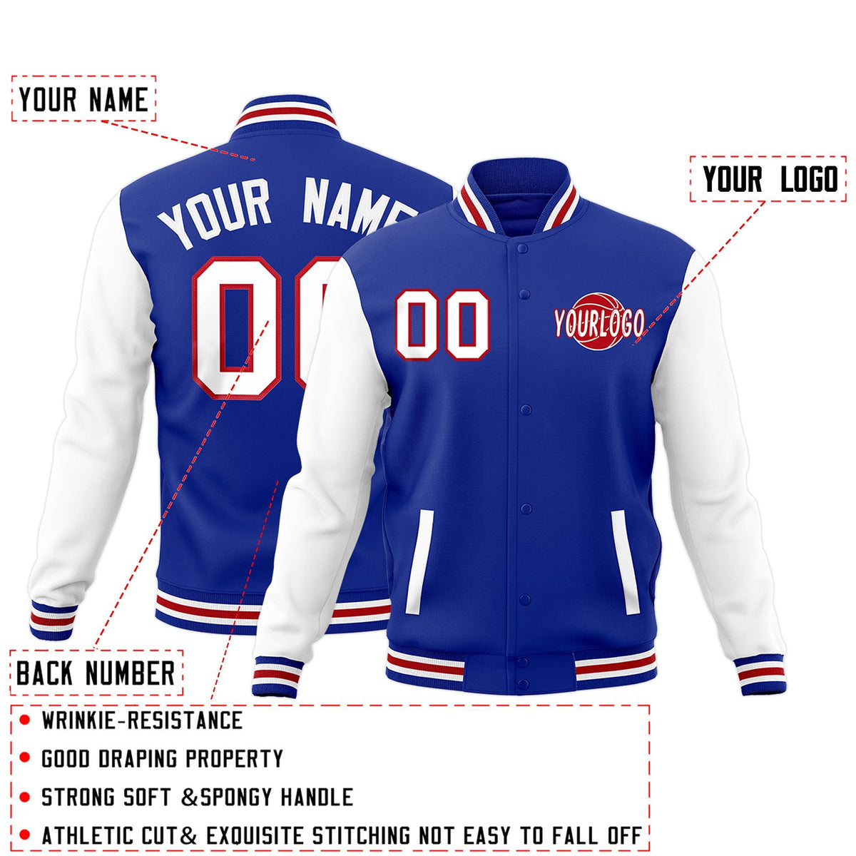 Custom Royal Blue White Red Raglan Sleeves Classic Style Letterman Cotton Fabric Jacket| KXKSHOP