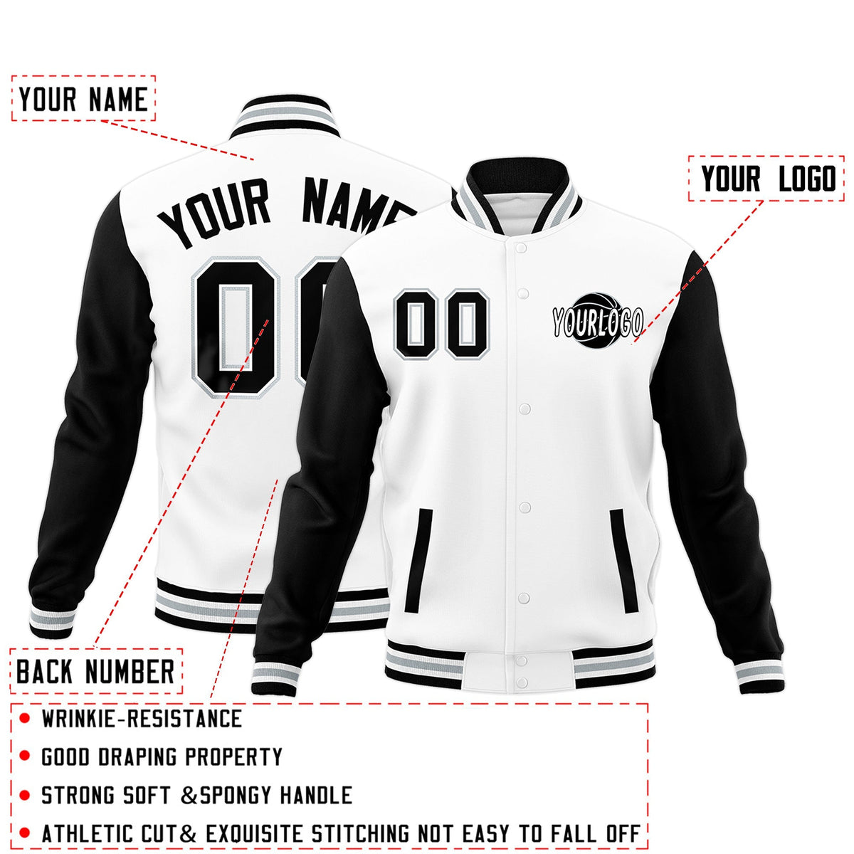 Custom White Black Gray Raglan Sleeves Classic Style Letterman Cotton Fabric Jacket| KXKSHOP
