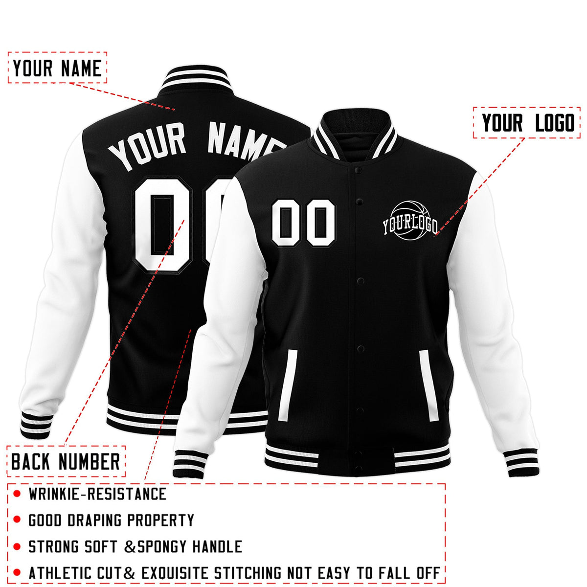 Custom Black White Raglan Sleeves Classic Style Letterman Cotton Fabric Jacket| KXKSHOP