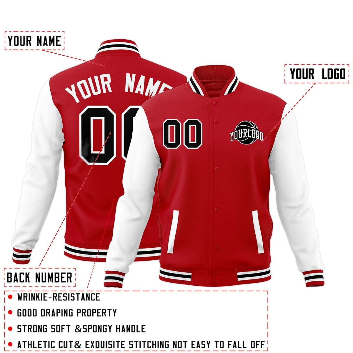Custom Red White Black Raglan Sleeves Classic Style Letterman Cotton Fabric Jacket| KXKSHOP