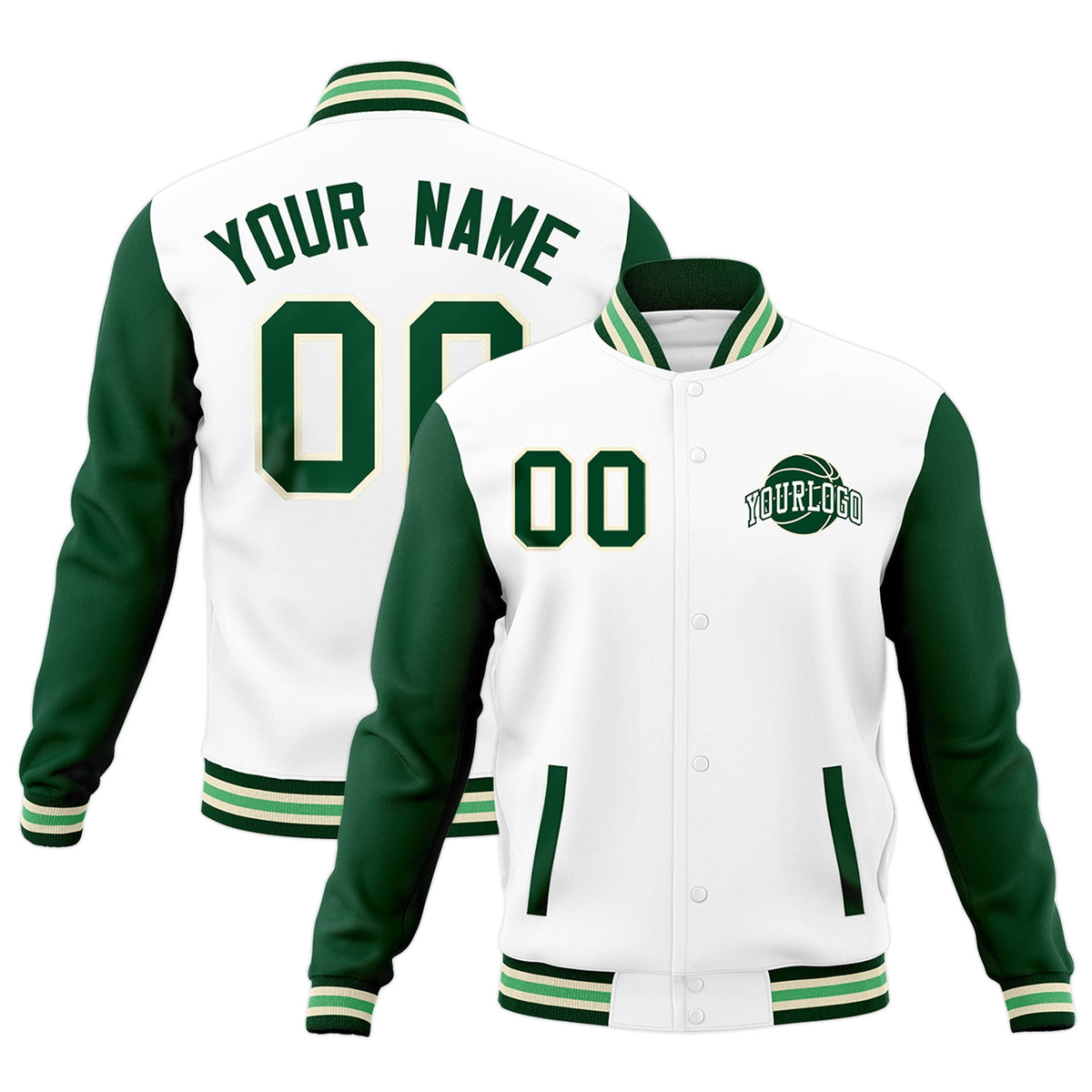 Custom White Green Cream Raglan Sleeves Classic Style Letterman Cotton Fabric Jacket| KXKSHOP