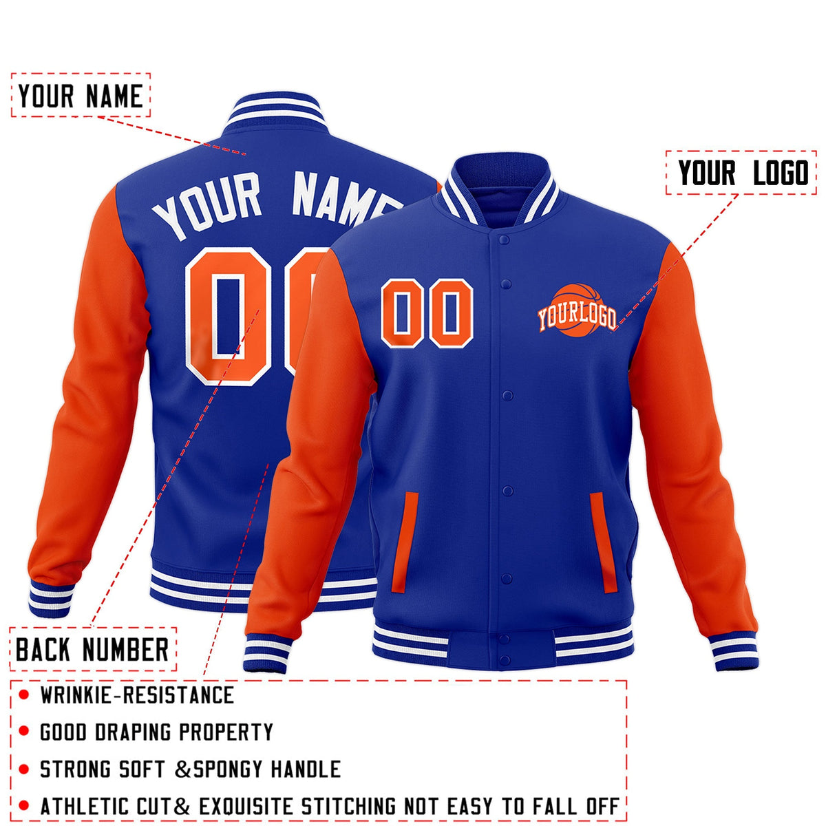 Custom Royal Blue Orange White Raglan Sleeves Classic Style Letterman Cotton Fabric Jacket| KXKSHOP