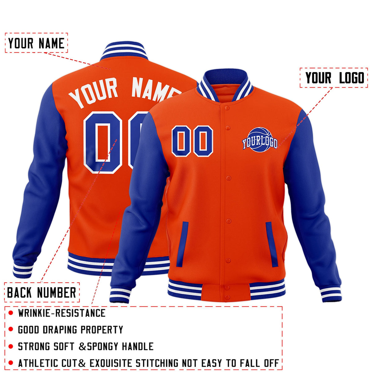 Custom Orange Royal Blue Raglan Sleeves Classic Style Letterman Cotton Fabric Jacket| KXKSHOP
