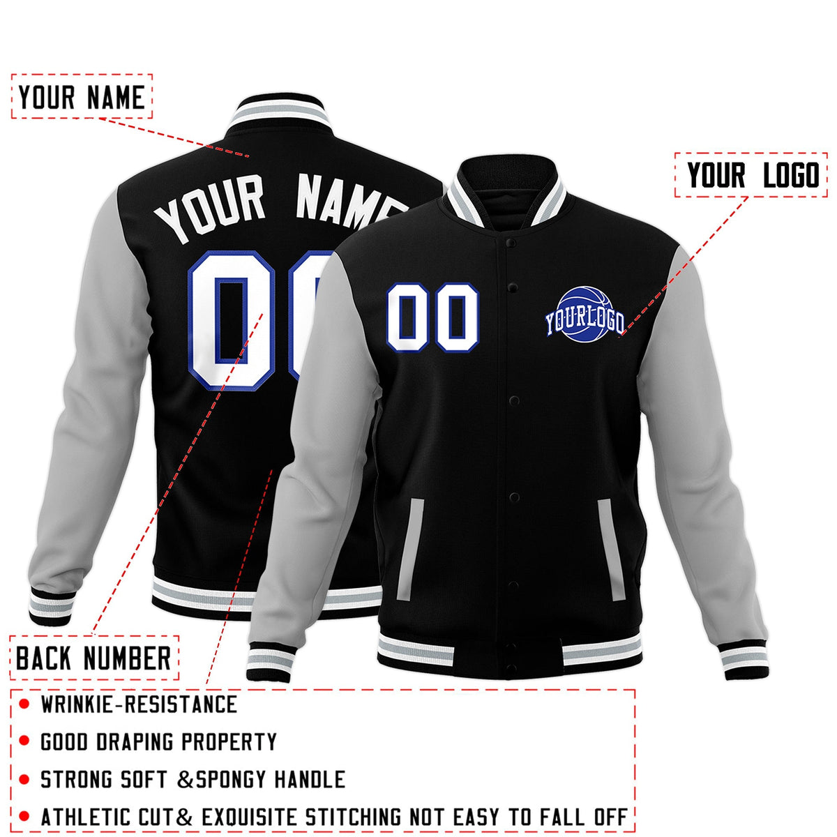 Custom Black Gray White Raglan Sleeves Classic Style Letterman Cotton Fabric Jacket| KXKSHOP