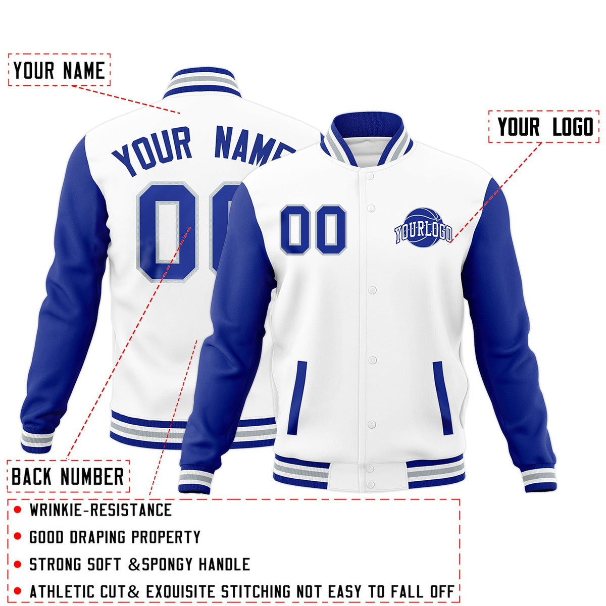 Custom White Royal Blue Gray Raglan Sleeves Classic Style Letterman Cotton Fabric Jacket| KXKSHOP
