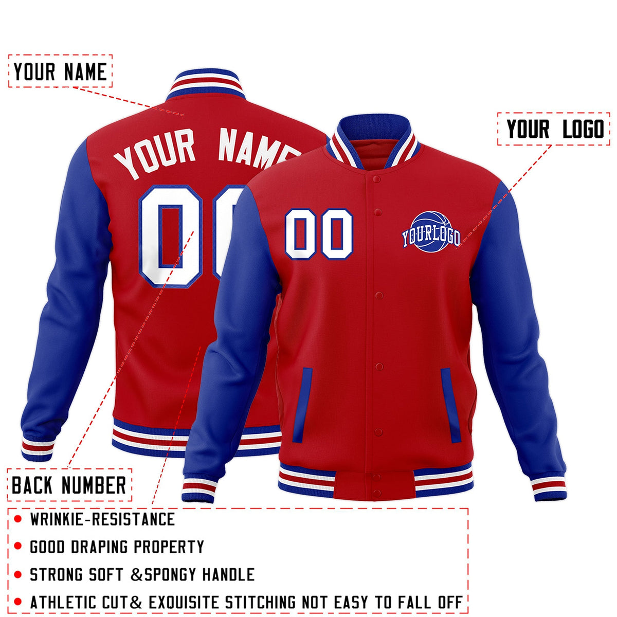 Custom Red Royal Blue White Raglan Sleeves Classic Style Letterman Cotton Fabric Jacket| KXKSHOP