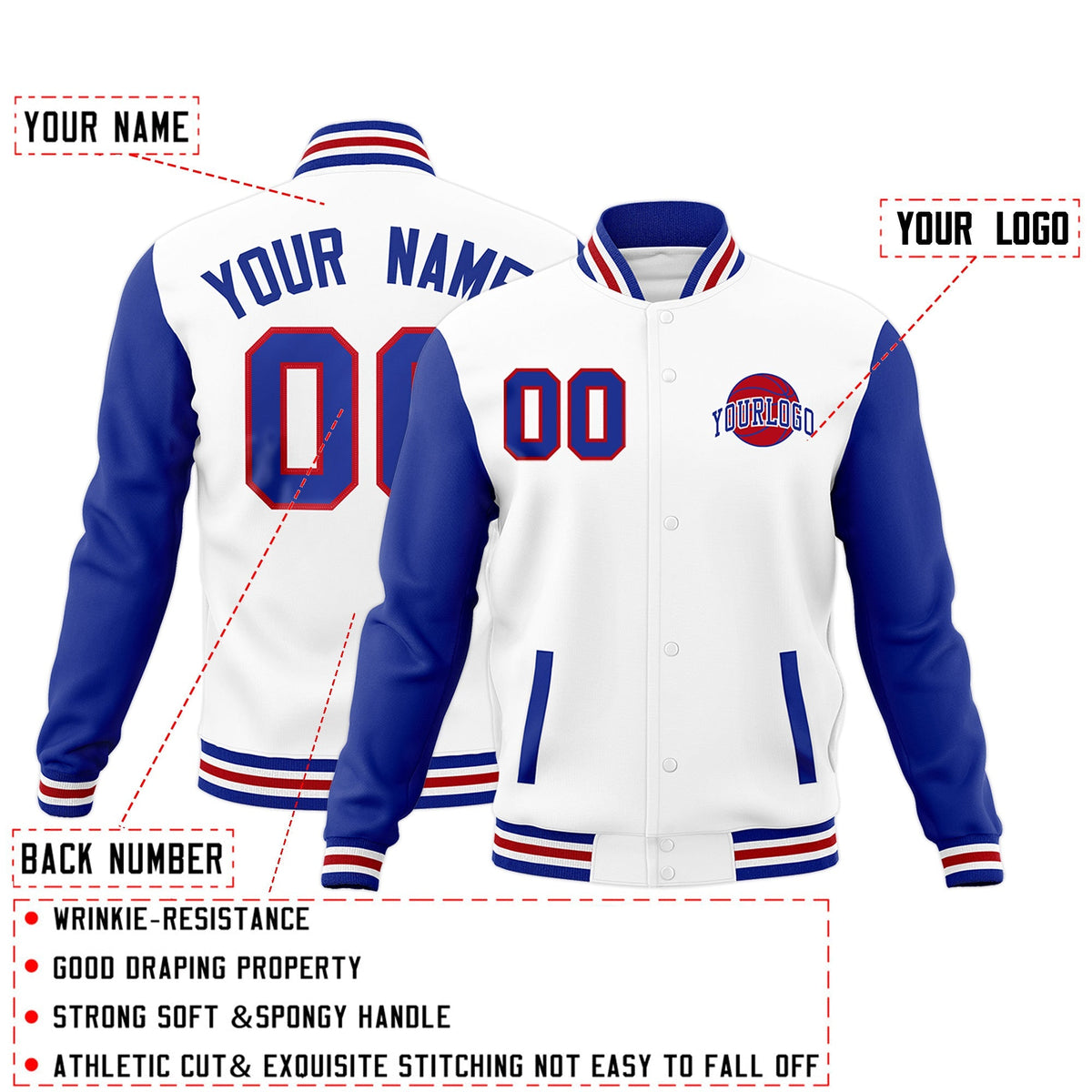 Custom Royal Blue White Raglan Sleeves Classic Style Letterman Cotton Fabric Jacket| KXKSHOP