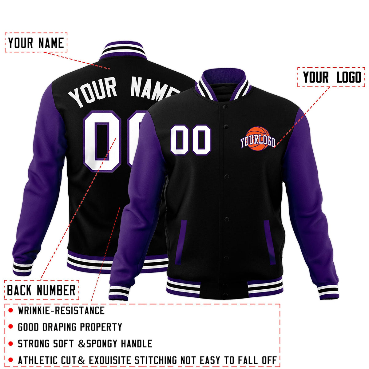 Custom Purple Black White Raglan Sleeves Classic Style Letterman Cotton Fabric Jacket| KXKSHOP