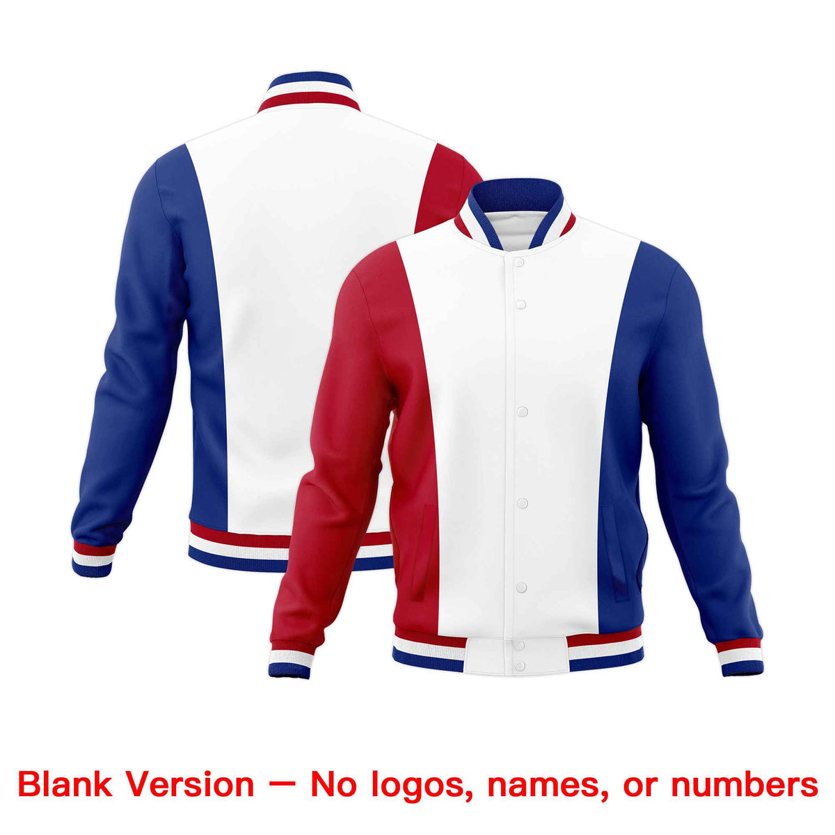 Custom White Red Royal Blue Personalization Varsity Full-Snap Three Color Blocks Letterman Jacket