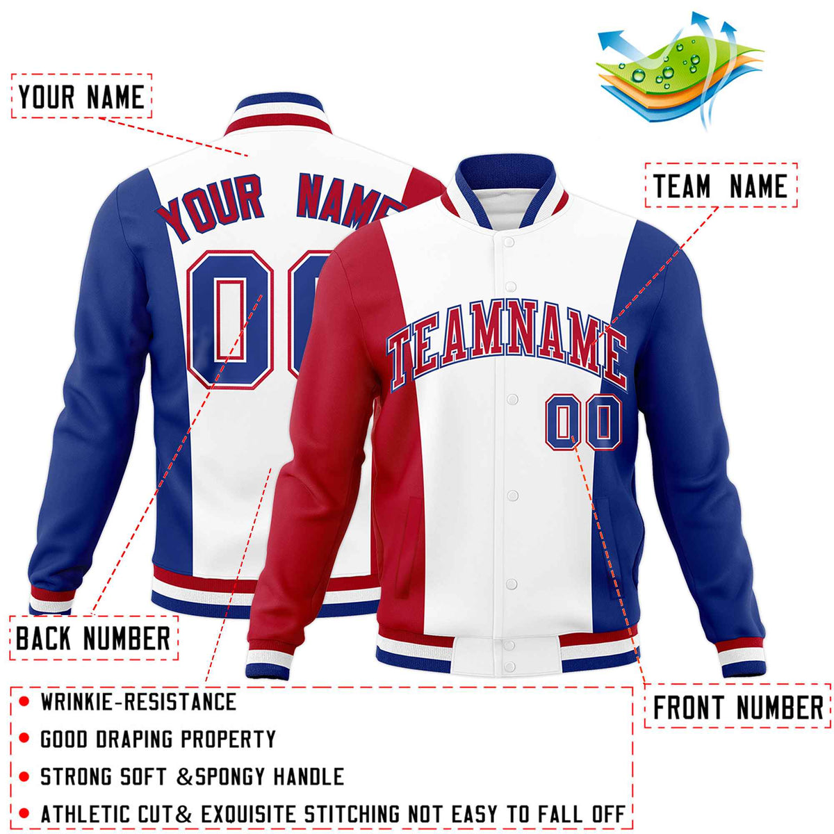 Custom White Red Royal Blue Personalization Varsity Full-Snap Three Color Blocks Letterman Jacket