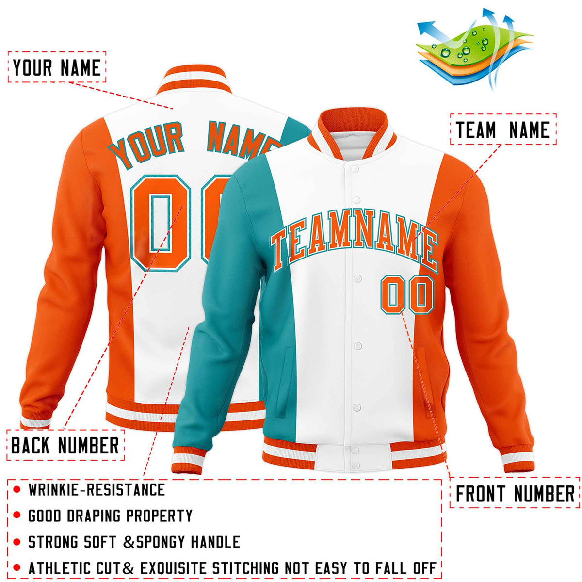 Custom White Aqua Orange Personalization Varsity Full-Snap Three Color Blocks Letterman Jacket