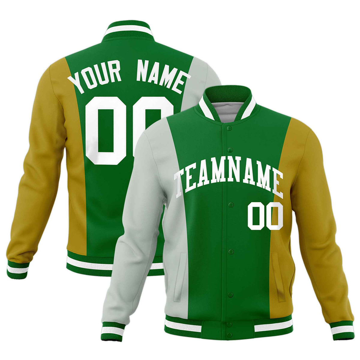 Custom Kelly Green Gray Old Gold Personalization Varsity Full-Snap Three Color Blocks Letterman Jacket