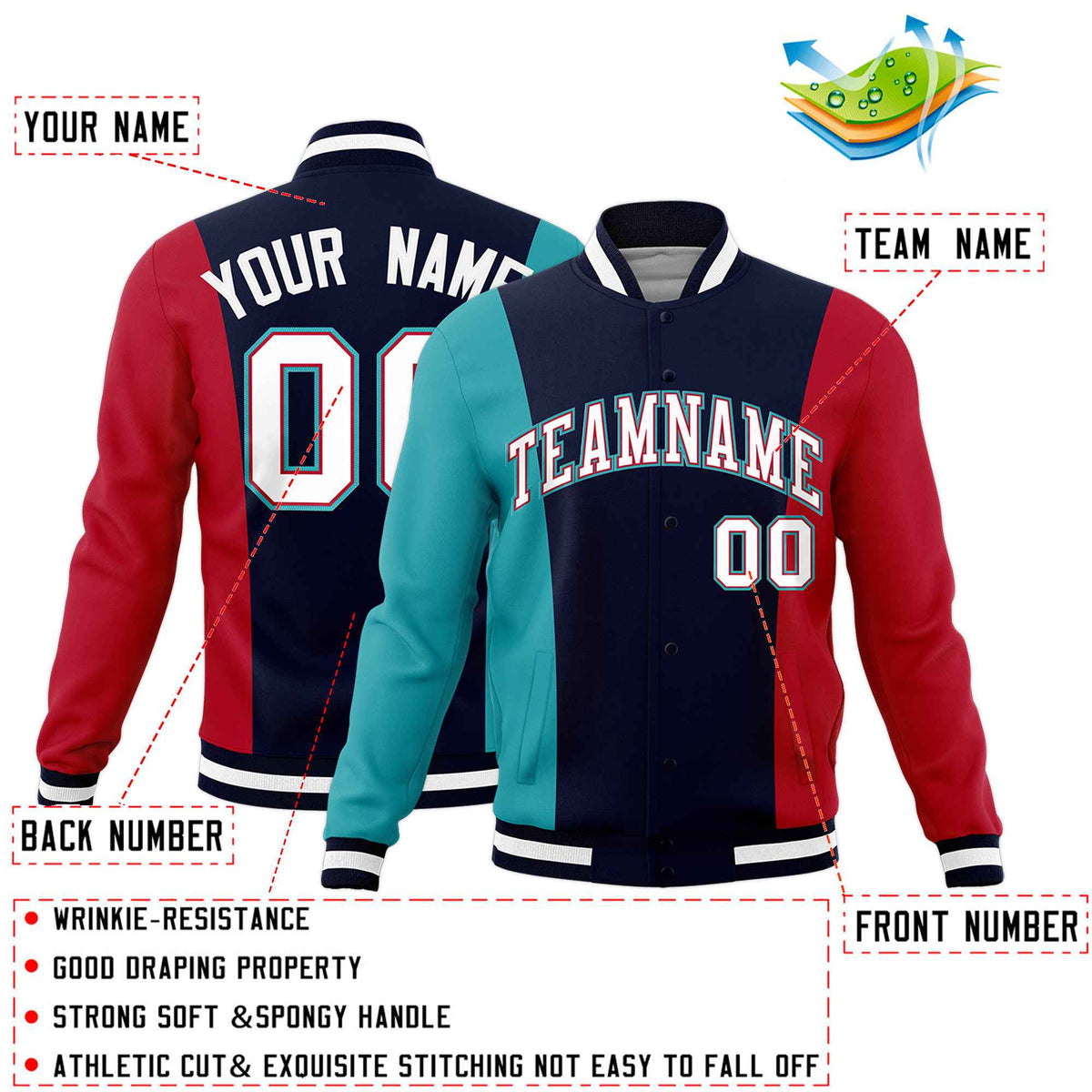 Custom Navy Aqua Red Personalization Varsity Full-Snap Three Color Blocks Letterman Jacket