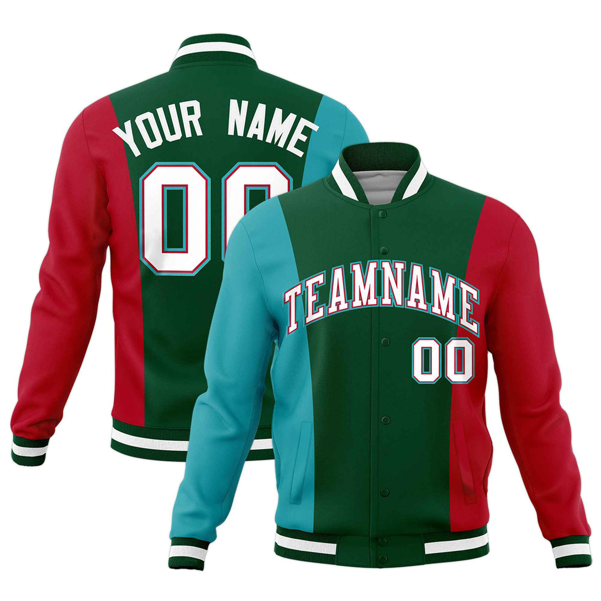 Custom Green Aqua Red Personalization Varsity Full-Snap Three Color Blocks Letterman Jacket