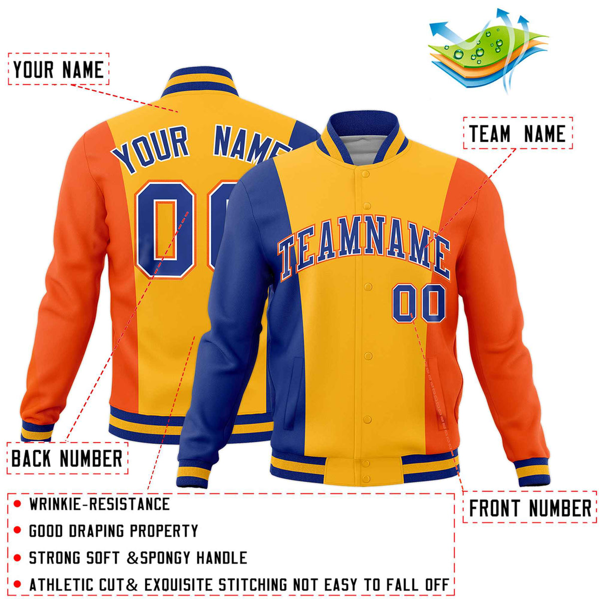 Custom Royal Blue Yellow Orange Personalization Varsity Full-Snap Three Color Blocks Letterman Jacket