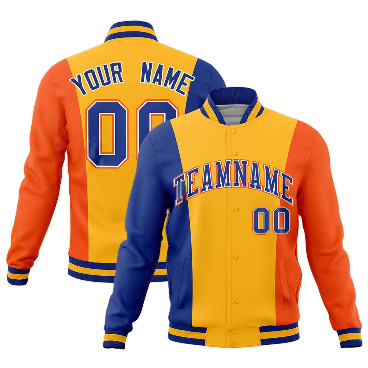 Custom Royal Blue Yellow Orange Personalization Varsity Full-Snap Three Color Blocks Letterman Jacket