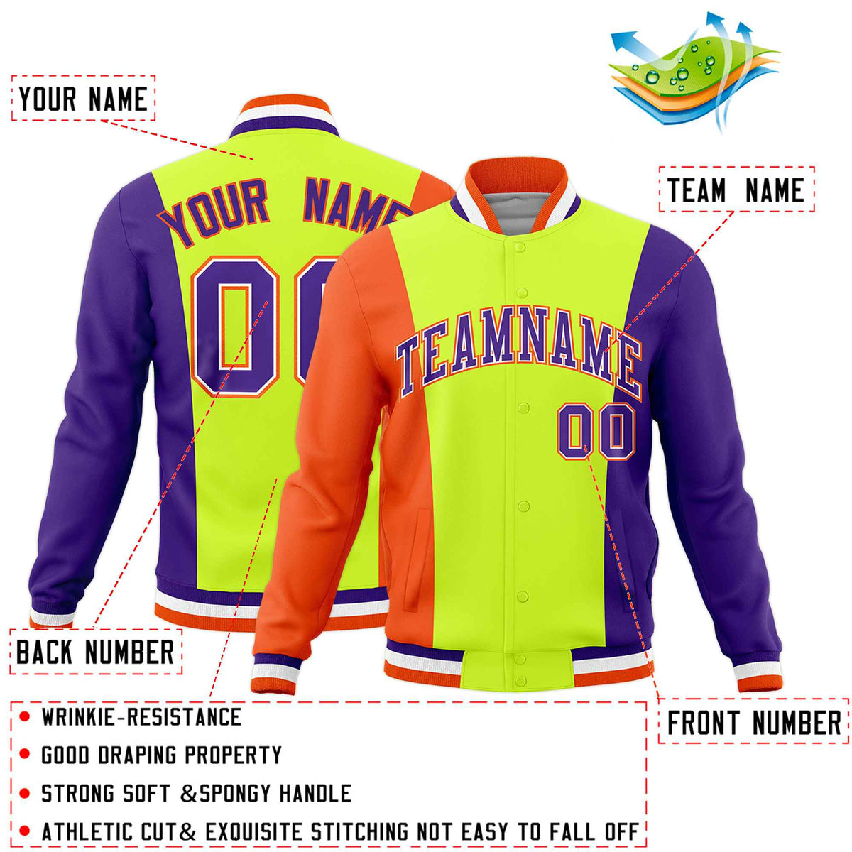Custom Fluorescent Green Orange Purple Personalization Varsity Full-Snap Three Color Blocks Letterman Jacket