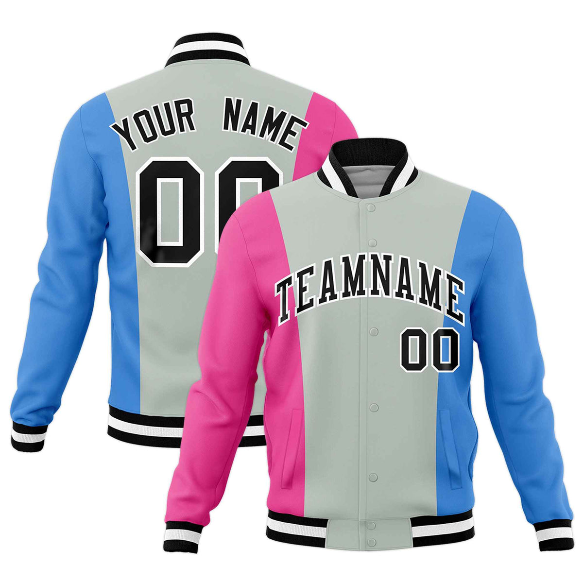 Custom Gray Pink Powder Blue Personalization Varsity Full-Snap Three Color Blocks Letterman Jacket