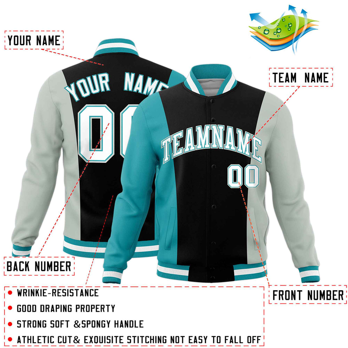 Custom Black Gray Aqua Personalization Varsity Full-Snap Three Color Blocks Letterman Jacket