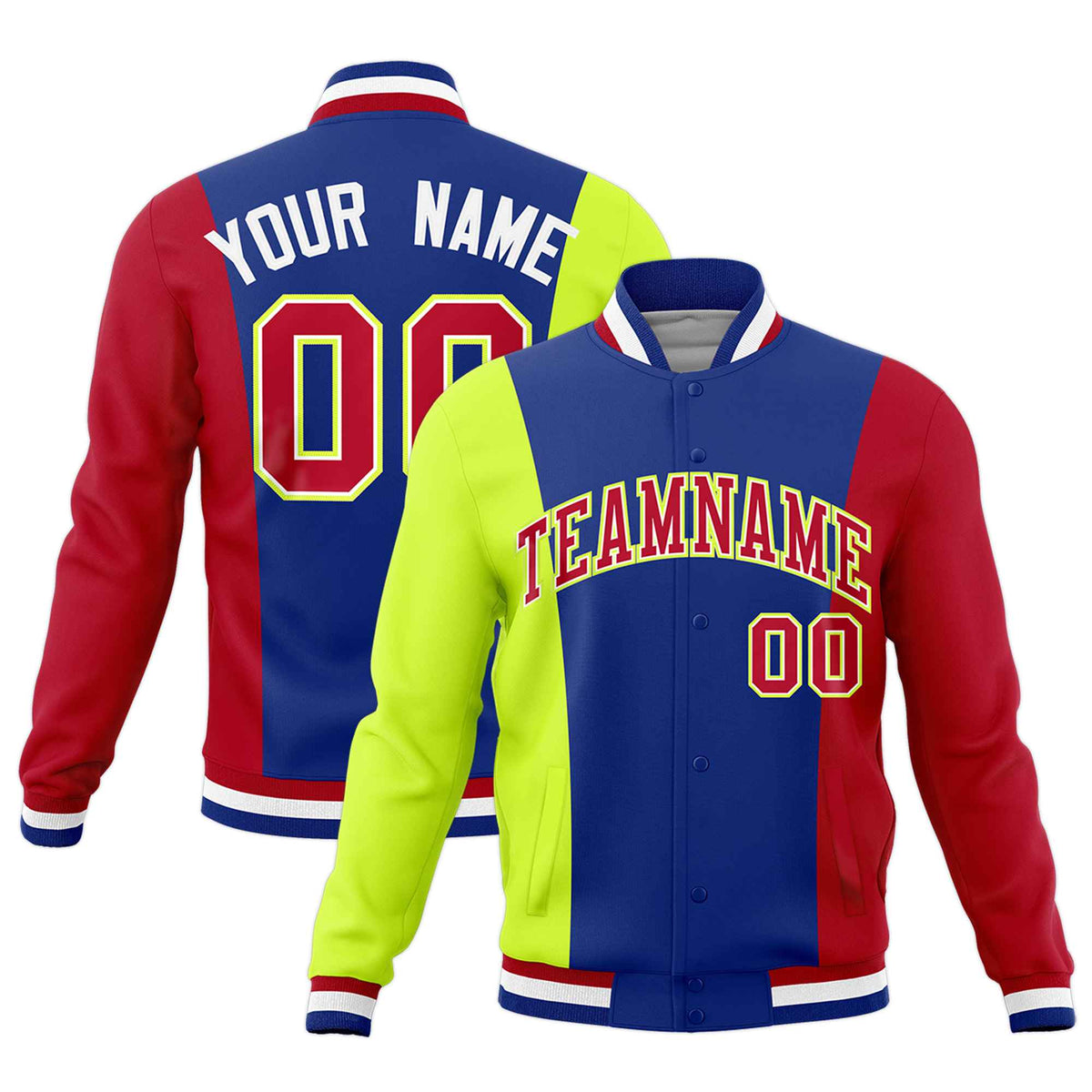 Custom Royal Blue Fluorescent Green Red Personalization Varsity Full-Snap Three Color Blocks Letterman Jacket