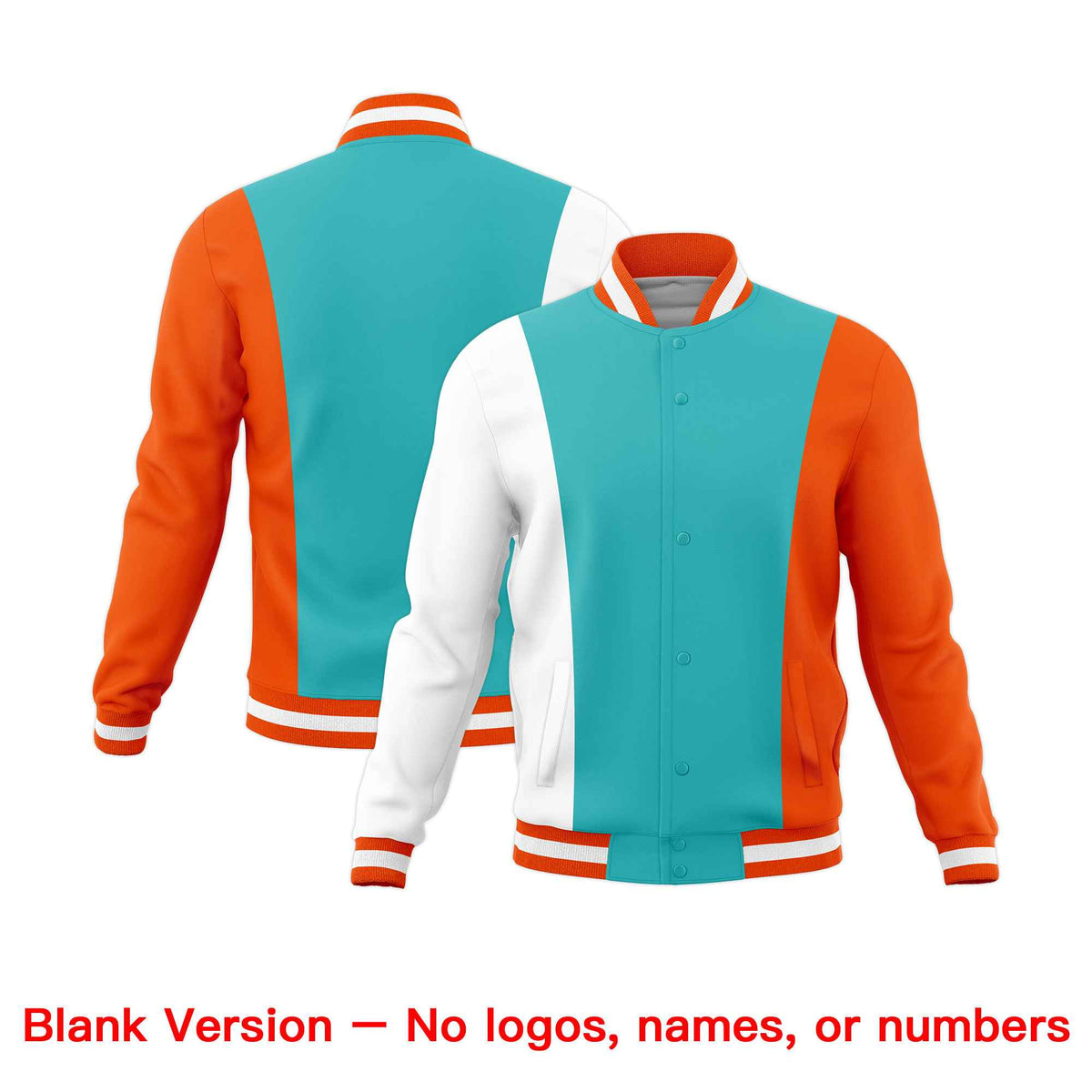 Custom Teal White Orange Personalization Varsity Full-Snap Three Color Blocks Letterman Jacket