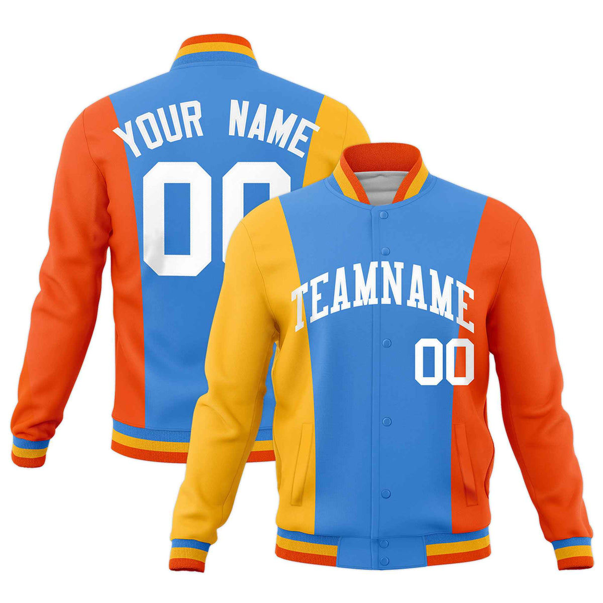 Custom Powder Blue Yellow Orange Personalization Varsity Full-Snap Three Color Blocks Letterman Jacket