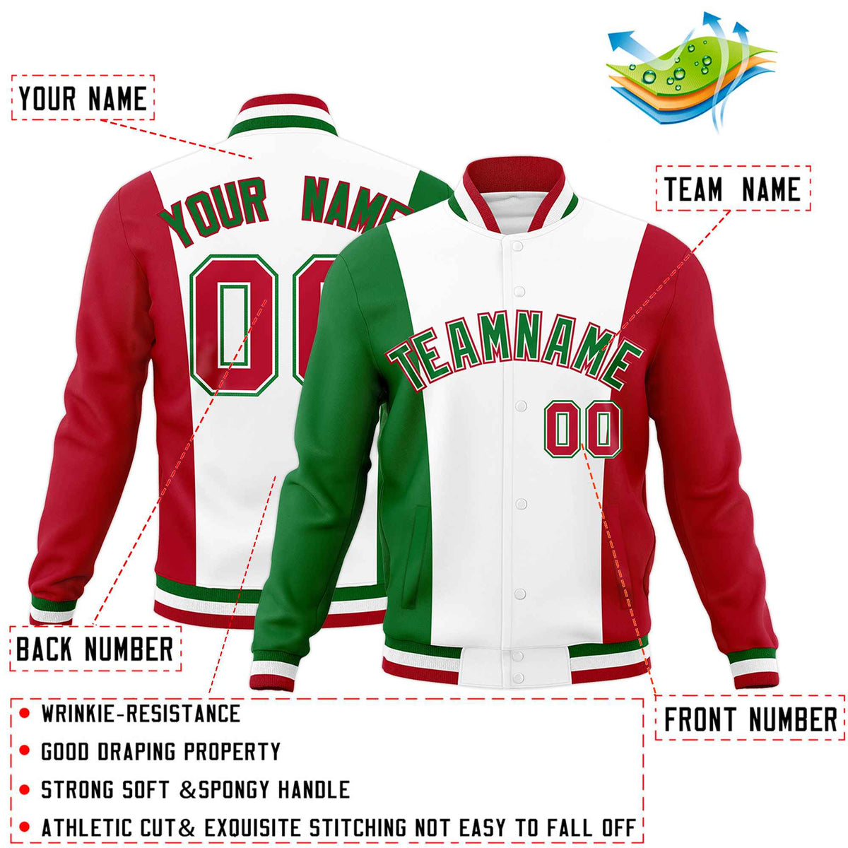 Custom White Kelly Green Red Personalization Varsity Full-Snap Three Color Blocks Letterman Jacket