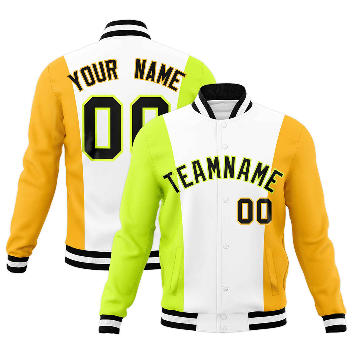 Custom White Fluorescent Green Yellow Personalization Varsity Full-Snap Three Color Blocks Letterman Jacket