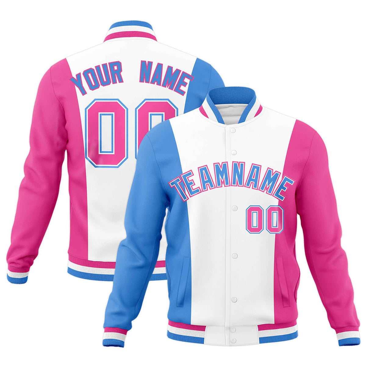 Custom White Powder Blue Pink Personalization Varsity Full-Snap Three Color Blocks Letterman Jacket