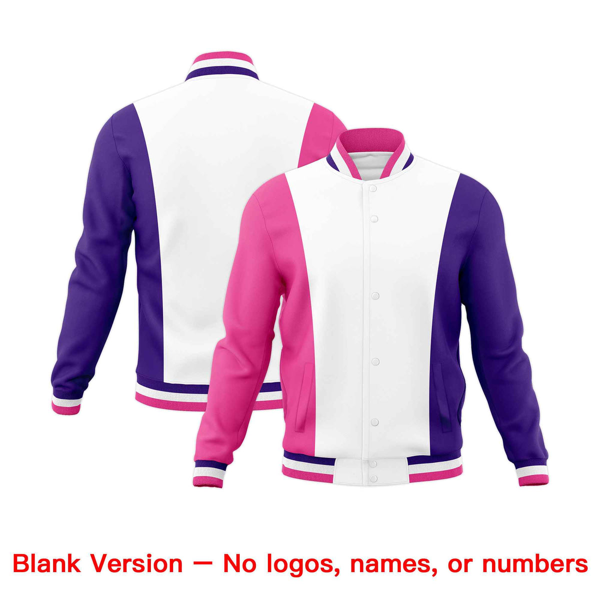 Custom White Pink Purple Personalization Varsity Full-Snap Three Color Blocks Letterman Jacket