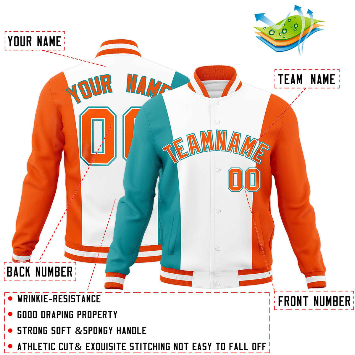 Custom White Aqua Orange Personalization Varsity Full-Snap Three Color Blocks Letterman Jacket