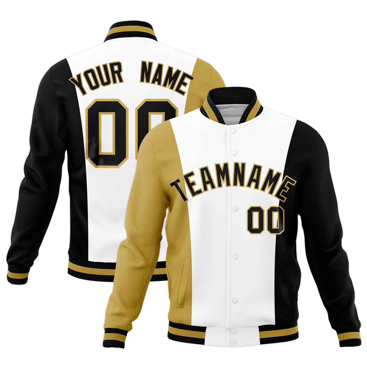 Custom White Old Gold Black Personalization Varsity Full-Snap Three Color Blocks Letterman Jacket