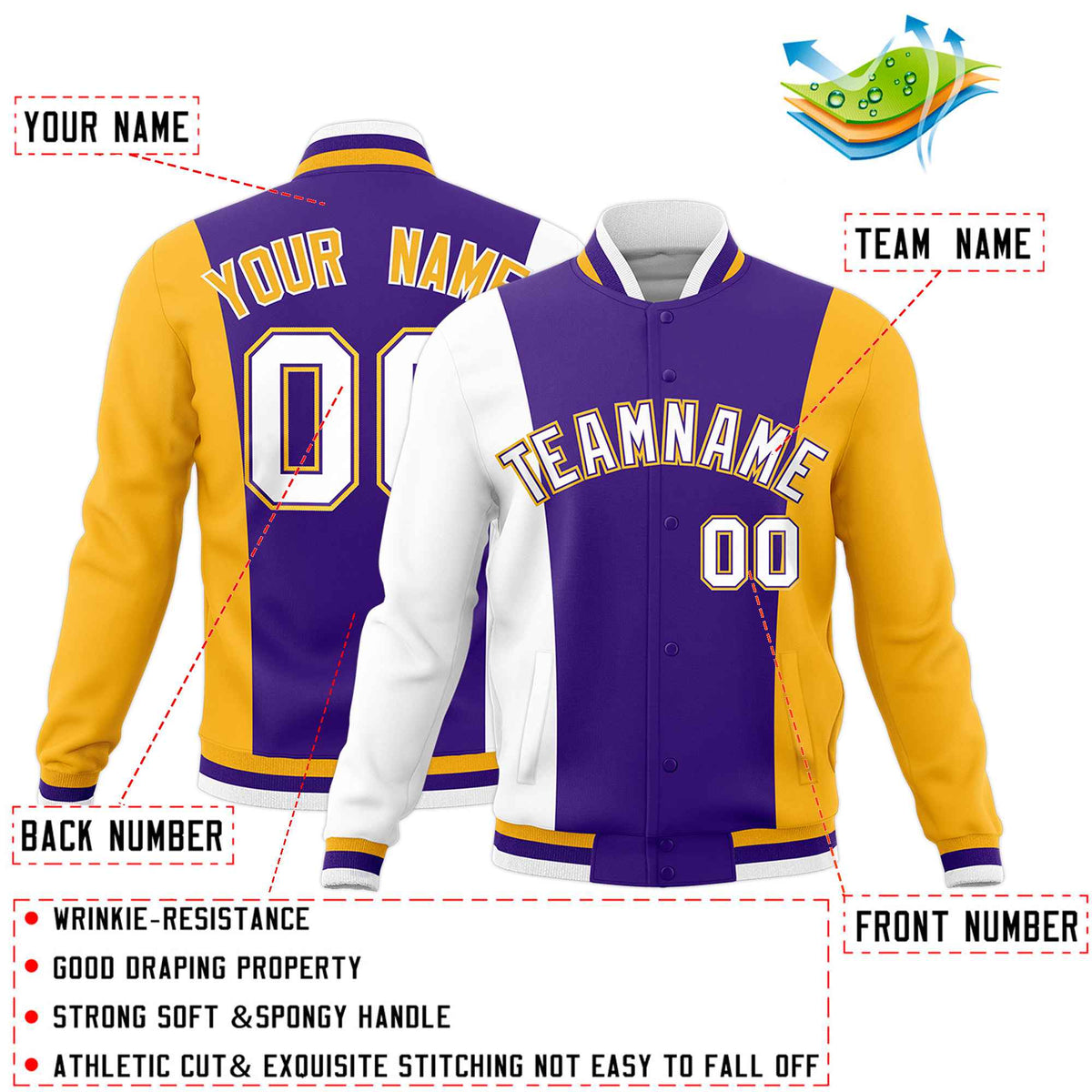 Custom Purple White Yellow Personalization Varsity Full-Snap Three Color Blocks Letterman Jacket