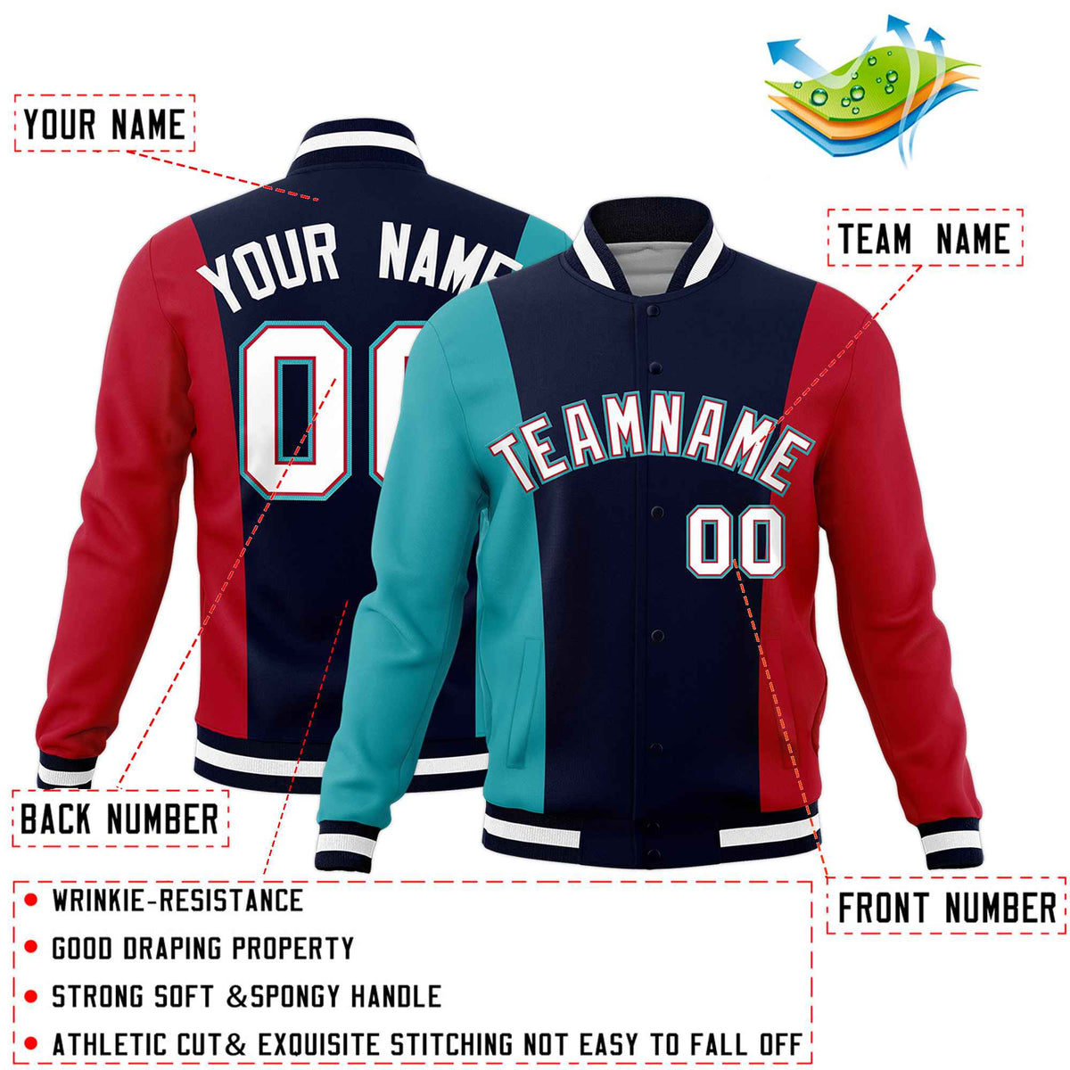 Custom Navy Aqua Red Personalization Varsity Full-Snap Three Color Blocks Letterman Jacket