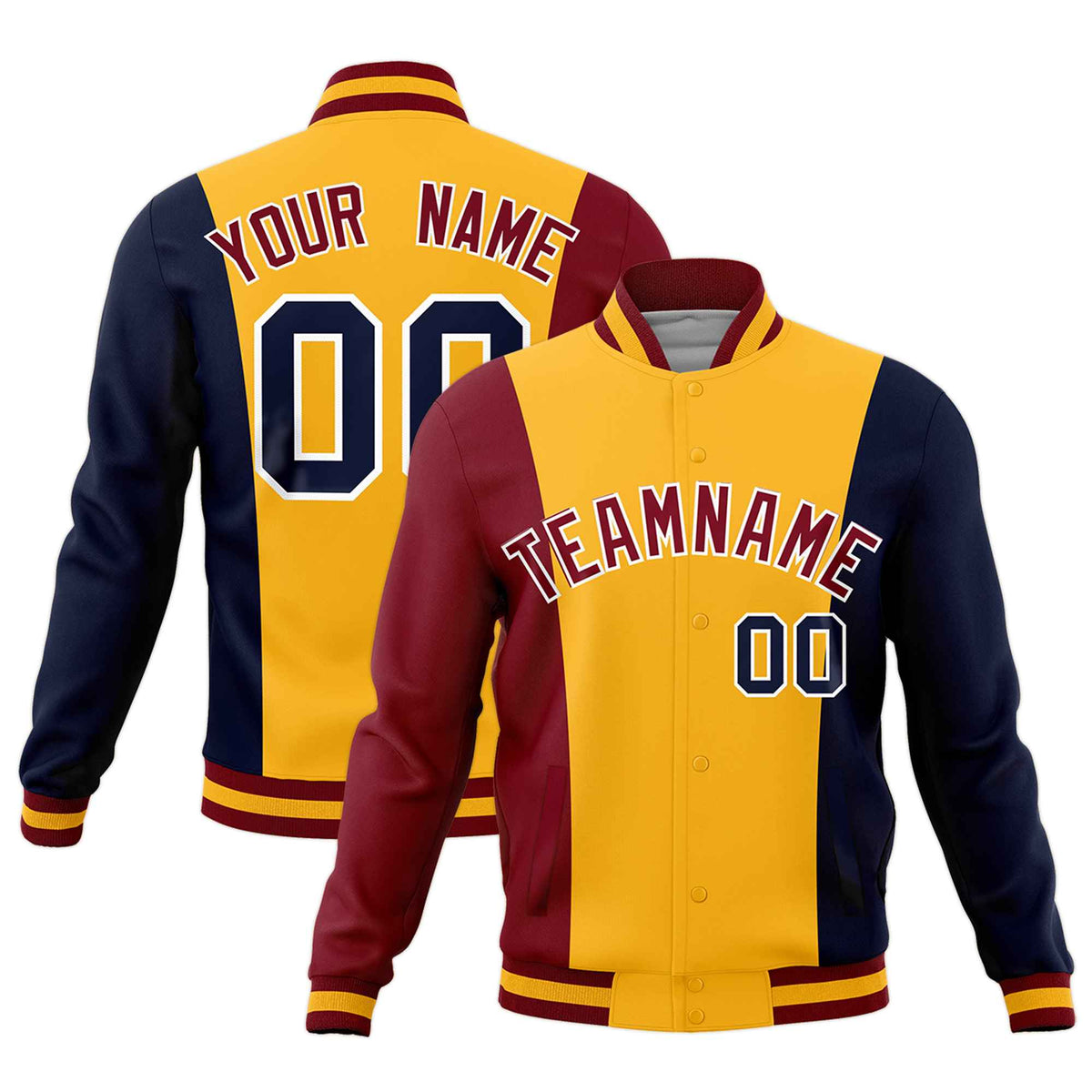 Custom Yellow Crimson Navy Personalization Varsity Full-Snap Three Color Blocks Letterman Jacket